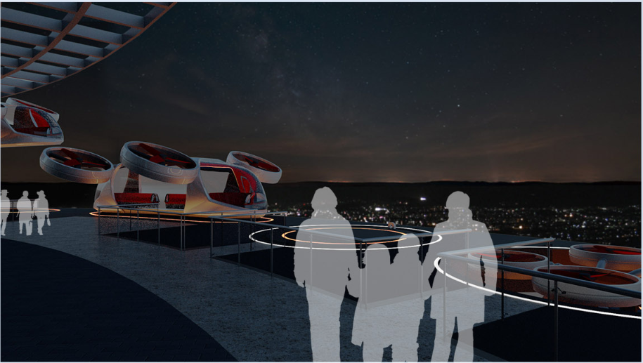 Night view of Puring’s aerial terminal showcasing seamless VTOL access and future-forward mobility integration.