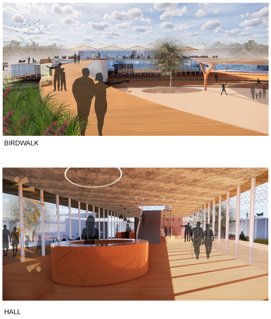 Rendering of a timber boardwalk leading to glass pavilions with visitors and birds in flight overhead