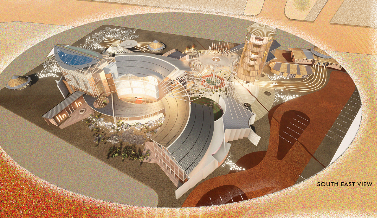 Aerial rendering showing the oval-shaped complex with curved roofs, timber towers and landscaped courtyards in desert surroundings