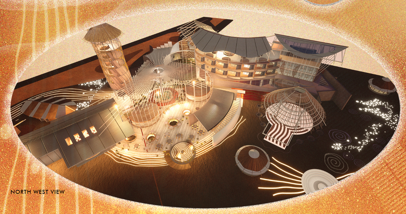 Aerial rendering from the opposite direction revealing circular pavilions, ribbed canopies and planted areas within the sunken compound