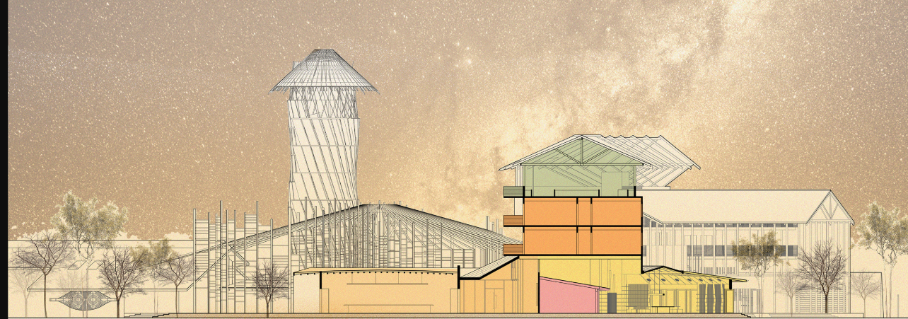 Elevation drawing showing the lattice tower, pitched glass roof and colored volumes flanked by trees