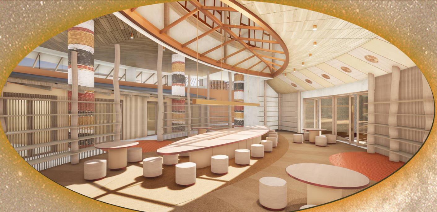 Interior rendering of the gathering hall with timber columns, curved trellis ceiling and cylindrical seating under filtered daylight