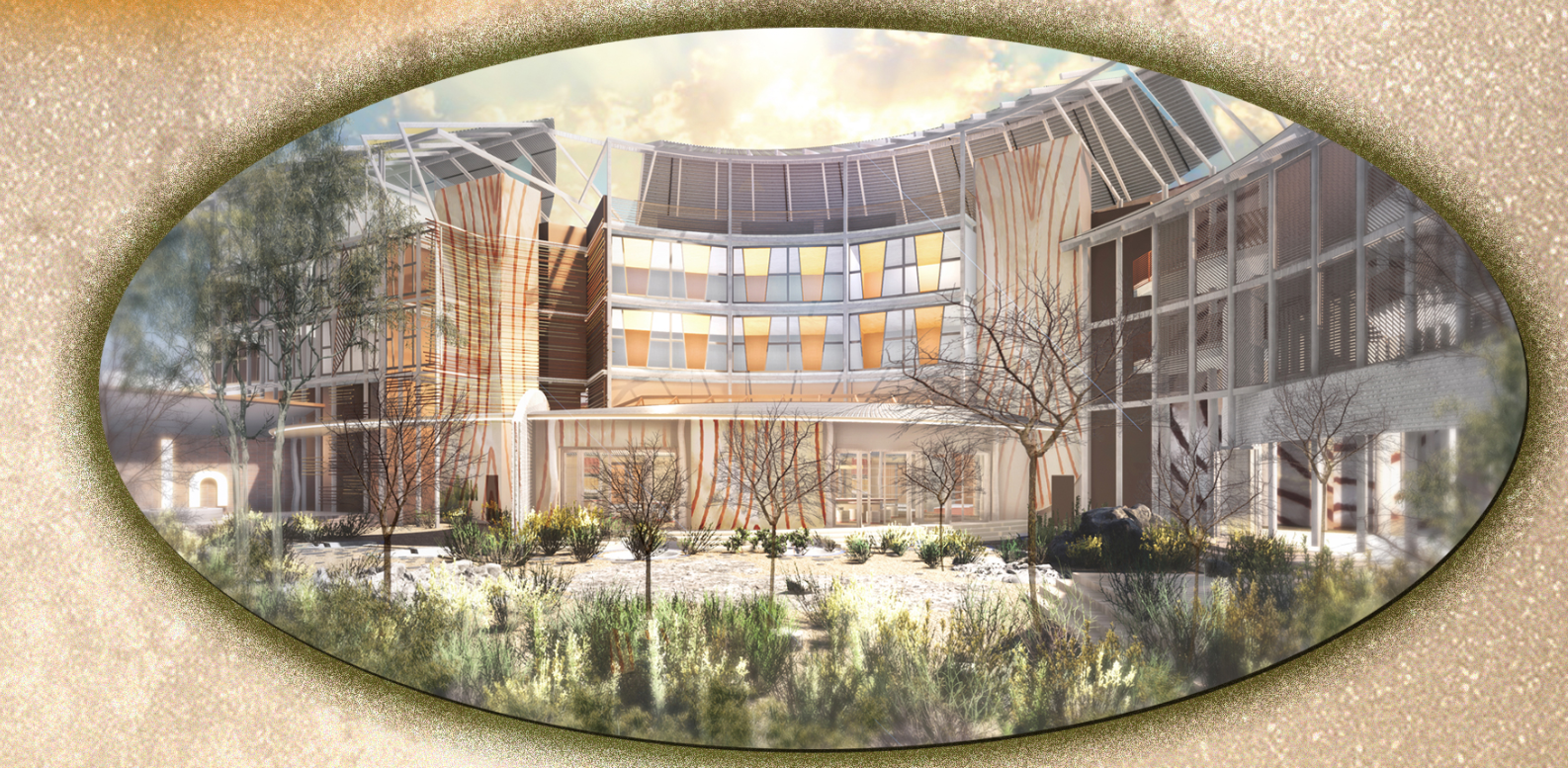 Exterior rendering of the main facade with curved glass walls, balconies and native plantings in evening light
