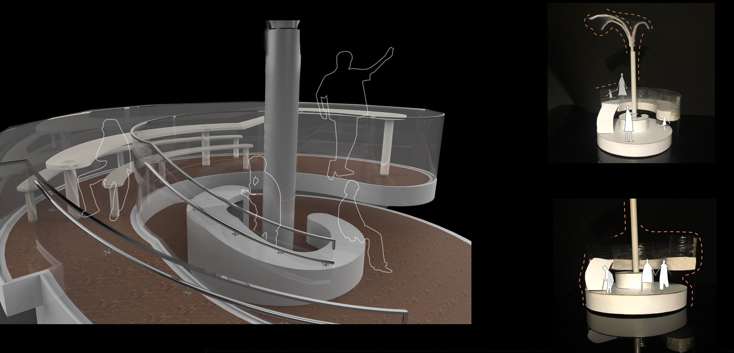 Spiral walkways and seating zones promote accessibility and social engagement across levels.