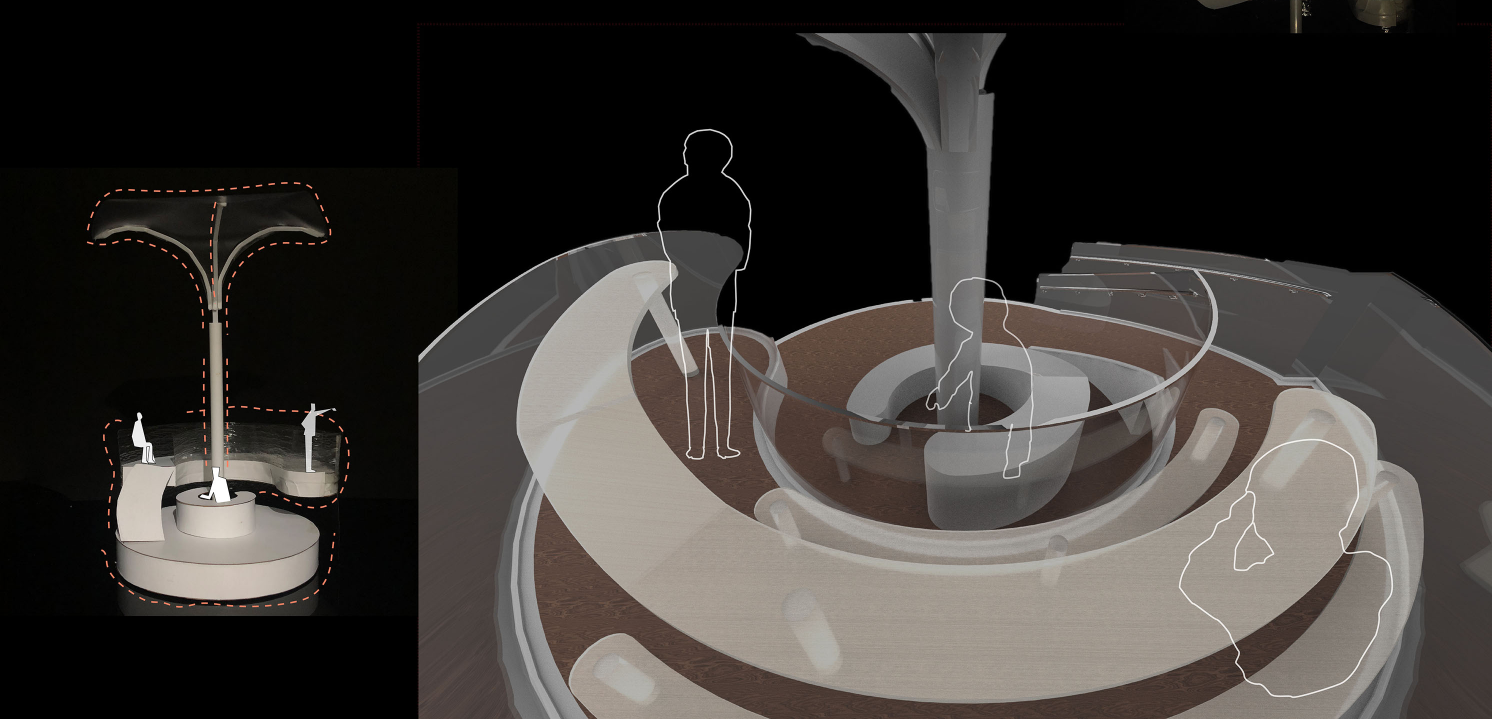 Physical models highlight the modular design and smart canopy structure inspired by lotus leaves.