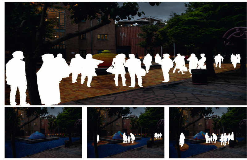 Rendering showing white silhouette figures overlaid on the plaza to indicate pedestrian circulation patterns