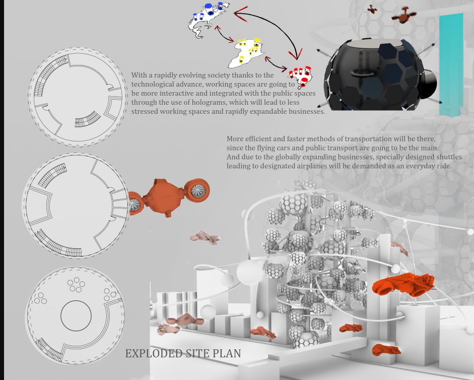 A visual narrative of how interconnected hubs scale across the cityscape, integrating transport, public space, and work-life nodes.
