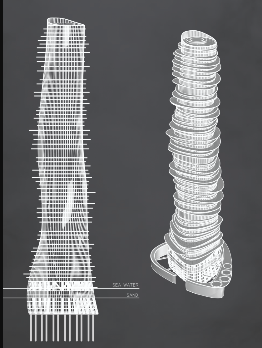 Form development showcasing the skeletal and massing transformation of the tower from concept to function.