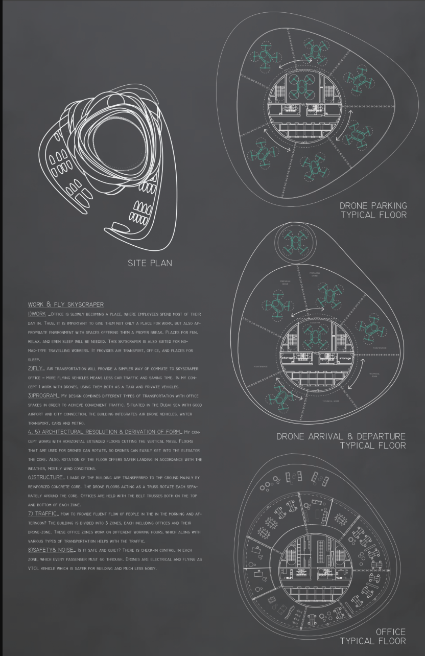 Site plan and typical floor layouts reveal integrated drone terminals, office space, and traffic management systems.