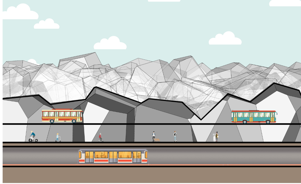 A triple-level mobility framework integrates pedestrian, electric, and Hyperloop transport for seamless intra- and inter-city movement.