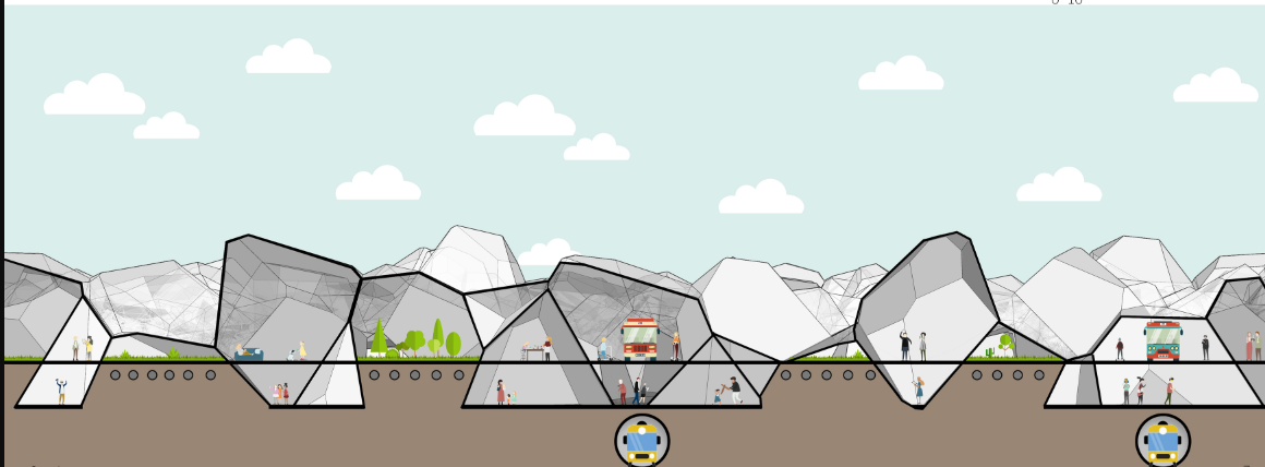 Integrated section showing urban layers—housing, gardens, transit, and public zones—built for resilience and modularity.
