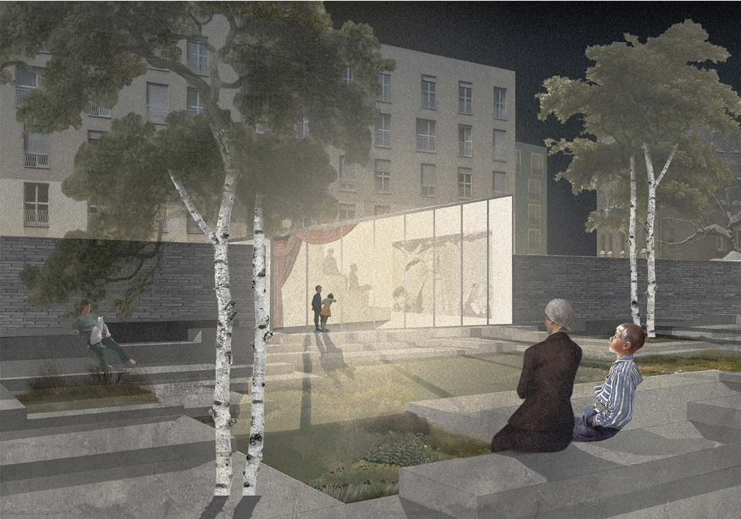 A transparent performance space that fosters dialogue and cultural expression amid a rewilded urban landscape.