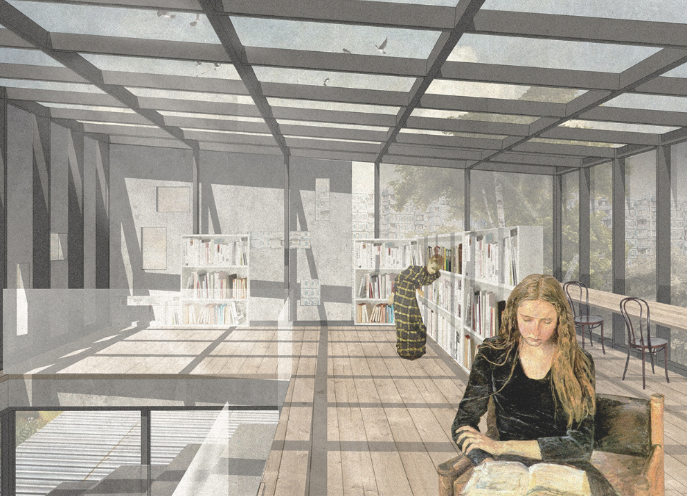 A suspended reading room floats above old garages, offering a serene escape into knowledge and light.