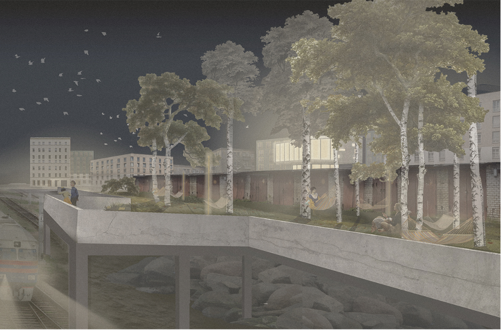 Overlooking the railway, the site transforms into a peaceful biophilic zone of reflection and rest.