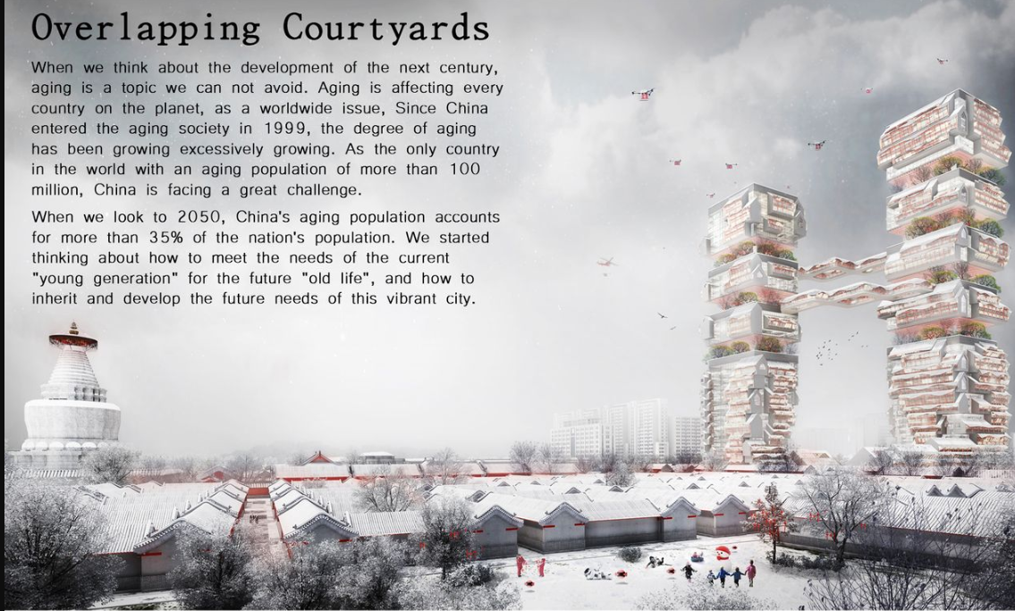 Futuristic senior living towers rise from historic Beijing hutongs, integrating tradition with vertical urban design.