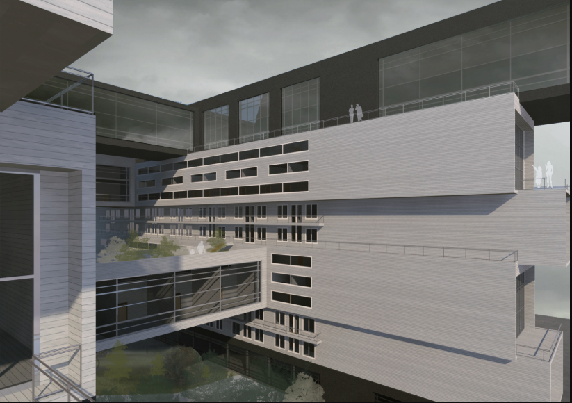 Layered residential volumes reveal a shared green courtyard—an elevated oasis in the heart of the structure.