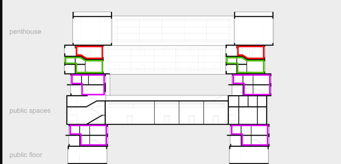 Programmatic zoning divides the structure into public floors, communal spaces, and compact living units for optimized cohabitation.