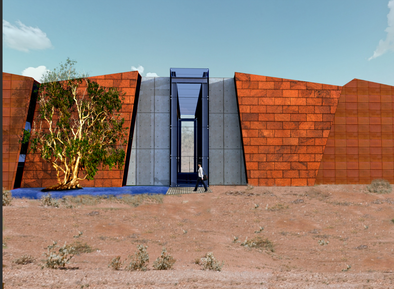 Entrance facade with angled rust-colored tile walls flanking a glass portal and single figure approaching