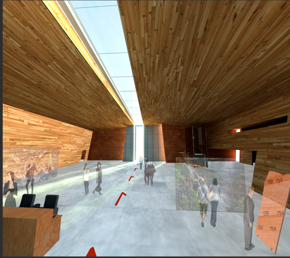 Interior lobby with timber-clad ceiling and walls, continuous skylight, and visitors scattered across polished concrete floor
