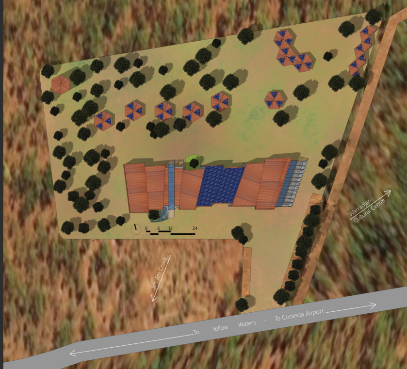 Site plan drawing showing building volumes, hexagonal pavilion structures, and tree planting layout with circulation arrows