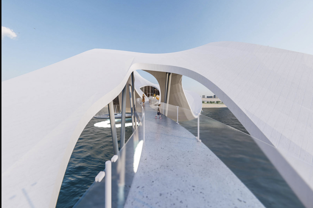 Pedestrian bridge with white railings arching over dark water under a bright sky