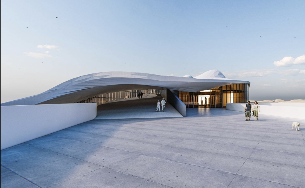 Entry plaza with figures approaching the curved canopy and glazed timber facade at dusk