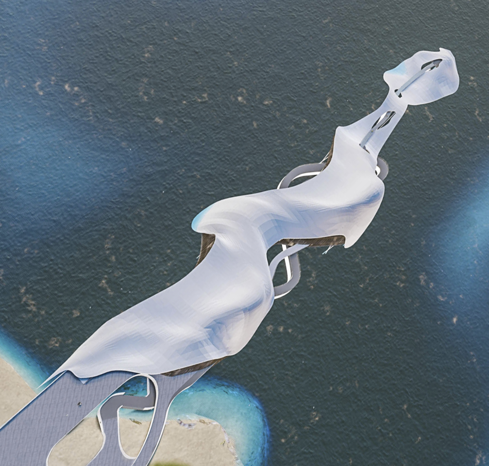Aerial view of the flowing white roof extending over shallow coastal waters