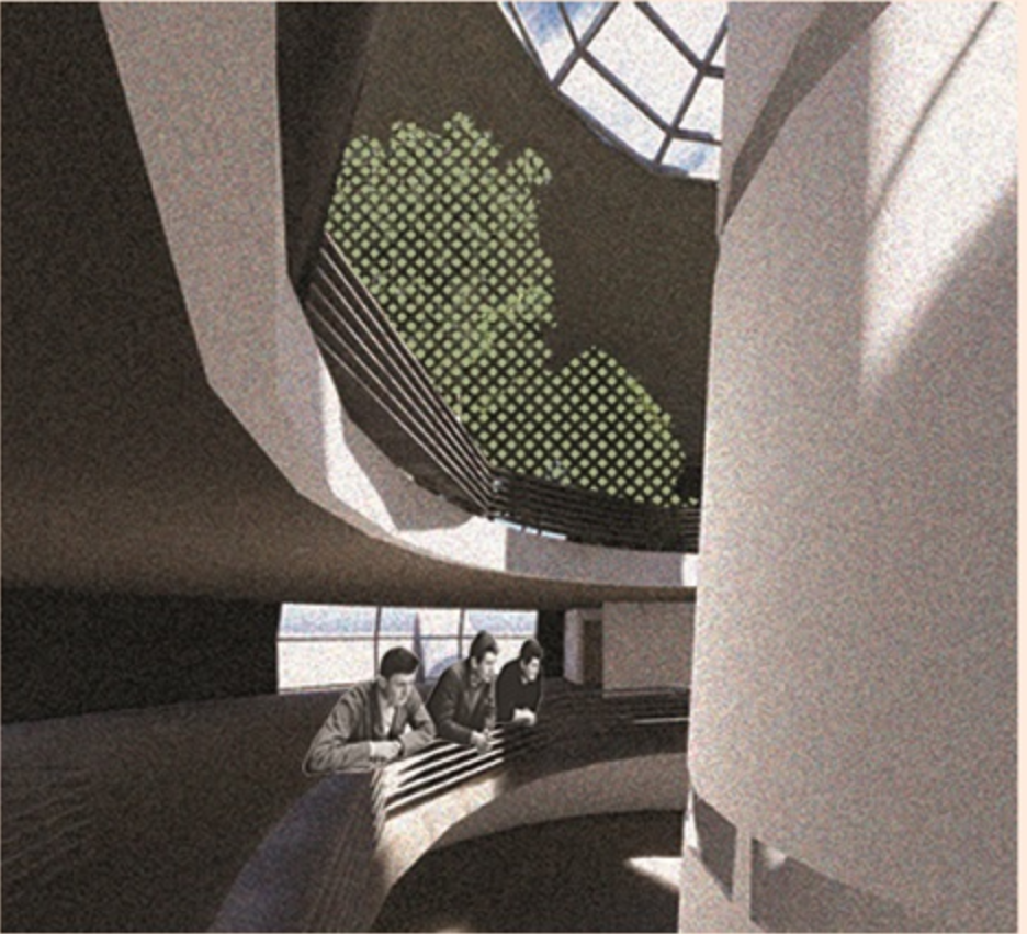 Communal interior view featuring passive lighting and natural ventilation within the Spider habitat.