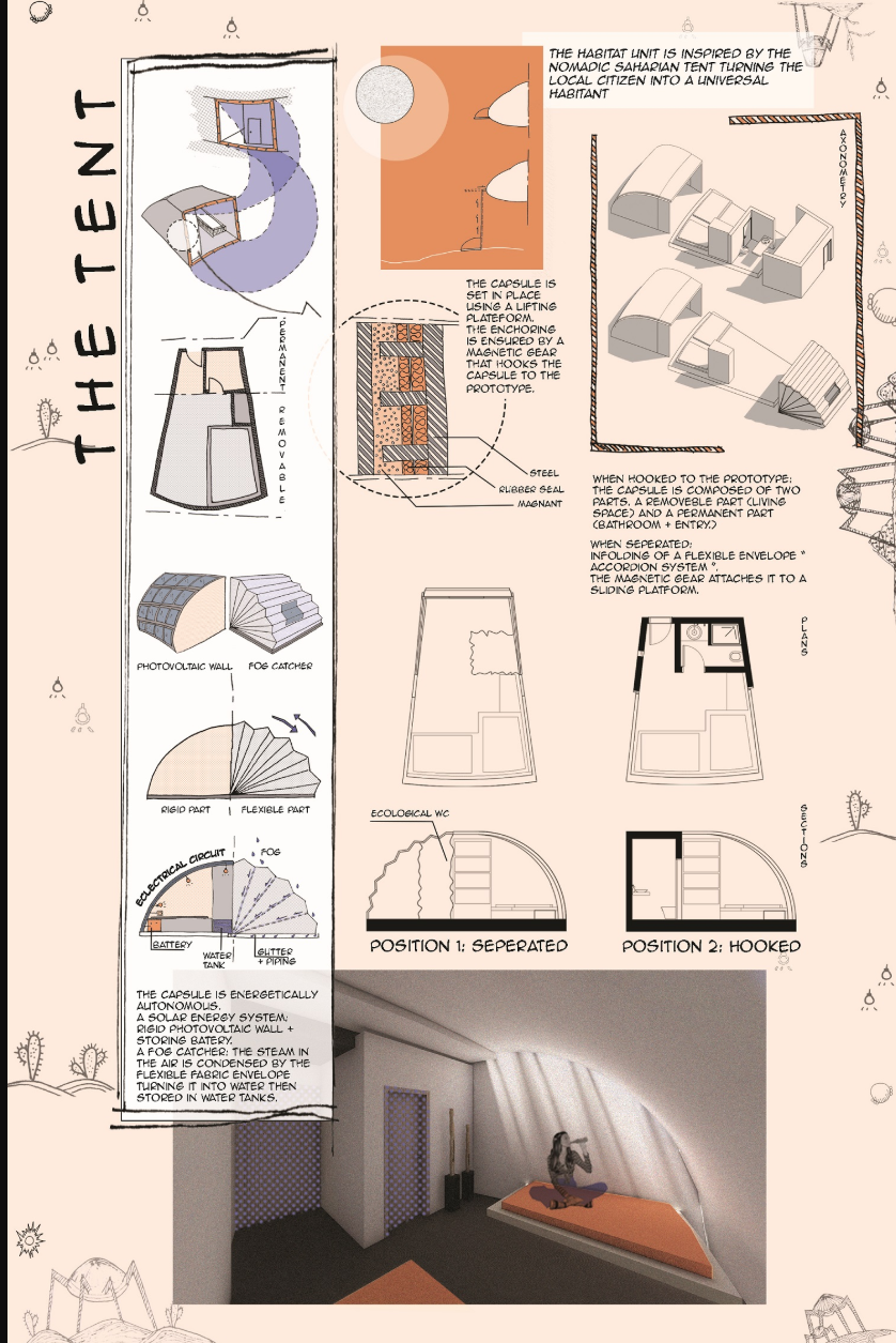 The modular tent unit offers off-grid living, integrating solar energy, fog catchers, and ecological WCs.