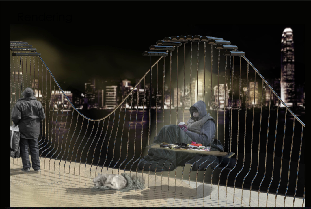 Rendering of curved vertical slat pavilion with seated figures and dog against nighttime city skyline