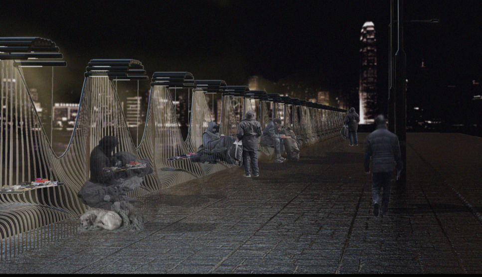 Perspective view along row of arched slat enclosures with people seated and walking at night