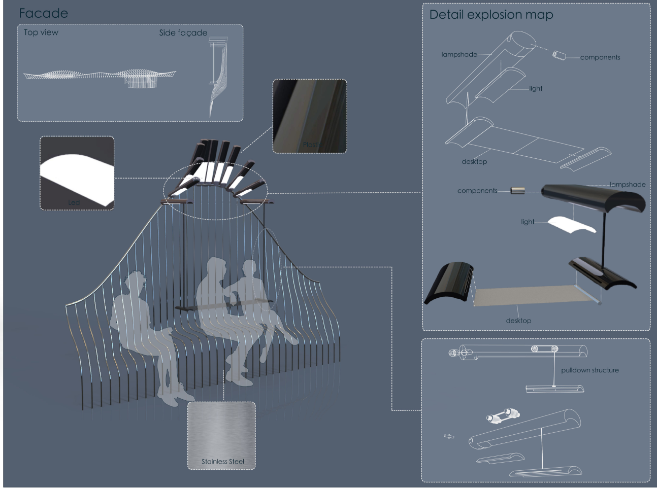 Technical drawing showing exploded axonometric assembly of pavilion components with material and fixture details