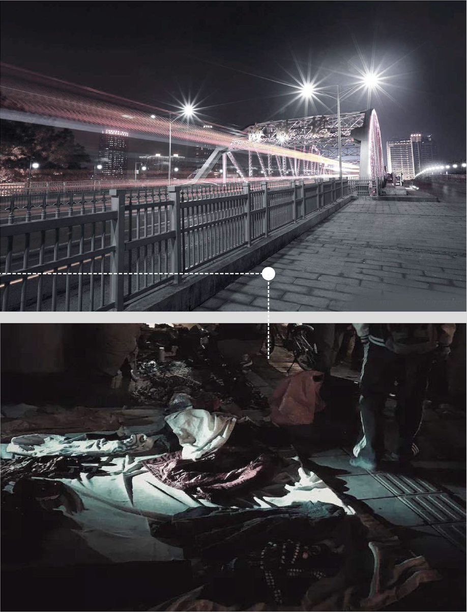 Photo comparison showing waterfront promenade at night above and homeless person sleeping below bridge structure