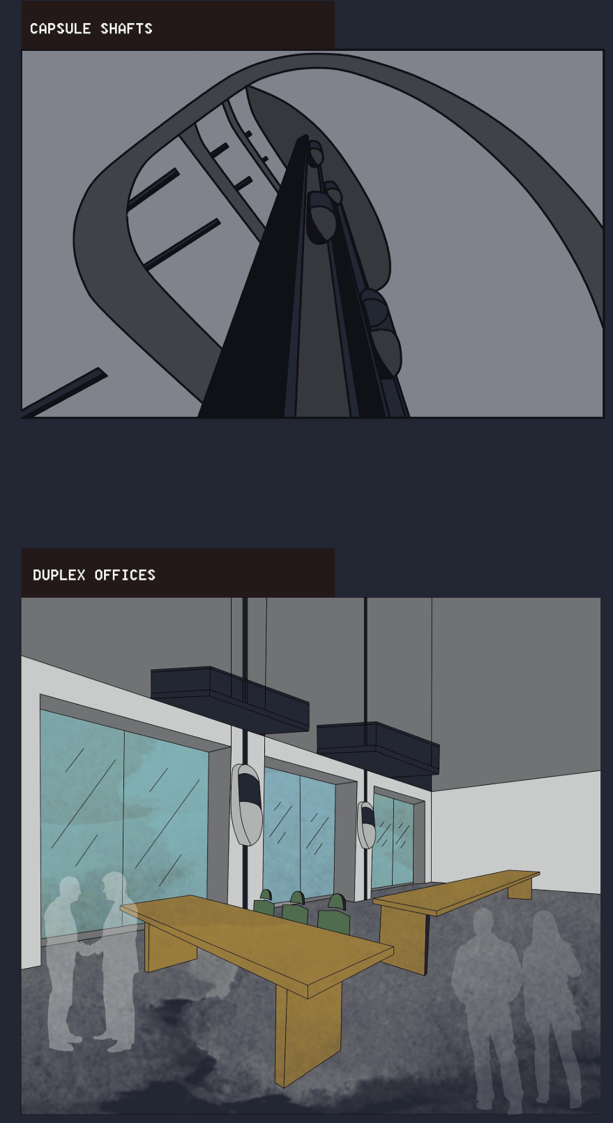 Innovative vertical mobility through capsule elevators and flexible duplex workspaces supporting adaptive urban living.