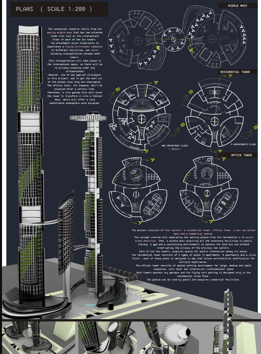 Floor plans illustrating residential, office, and communal zones—connected by a traversable middle mass for shared utility.