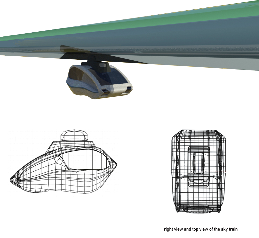 Concept rendering and wireframe views of the high-speed transit pod designed for the desert habitat.