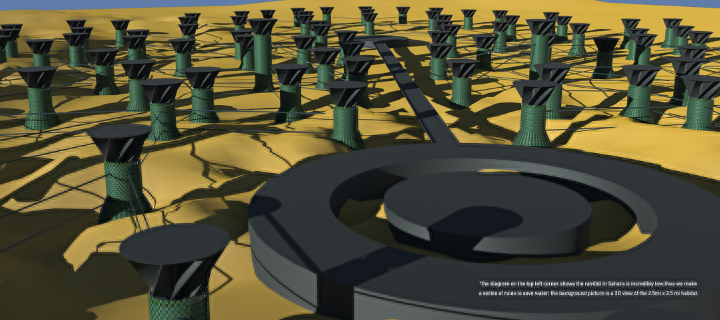 Aerial view of the extended modular network—scalable living units across the desert terrain.