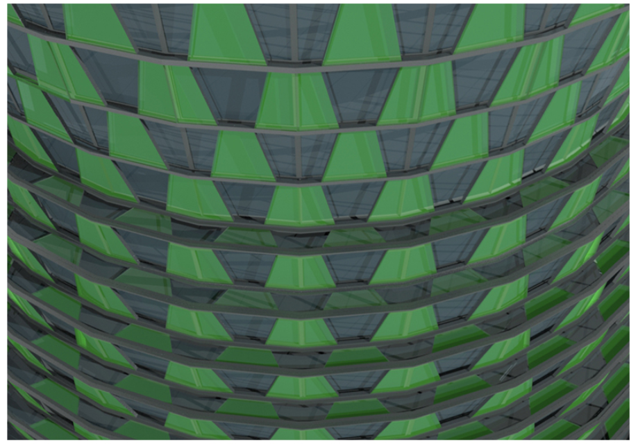 Façade close-up displaying bio-reactive panels generating energy through microalgae.