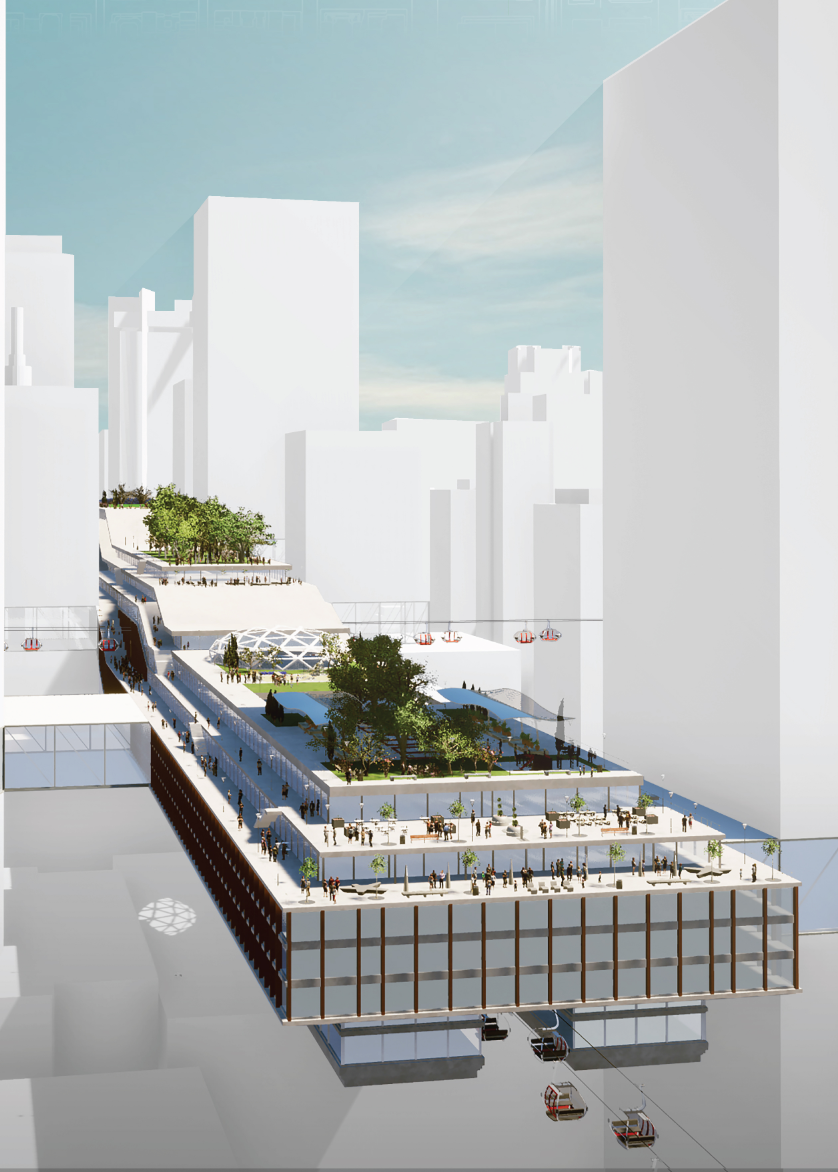 Aerial view of the AGORA Platform showcasing multi-level public zones, greenery, and integrated transit systems.