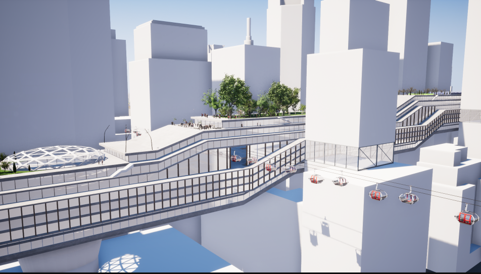 Curved connections link the elevated AGORA Platform with the cityscape, activating new pedestrian and mobility pathways.