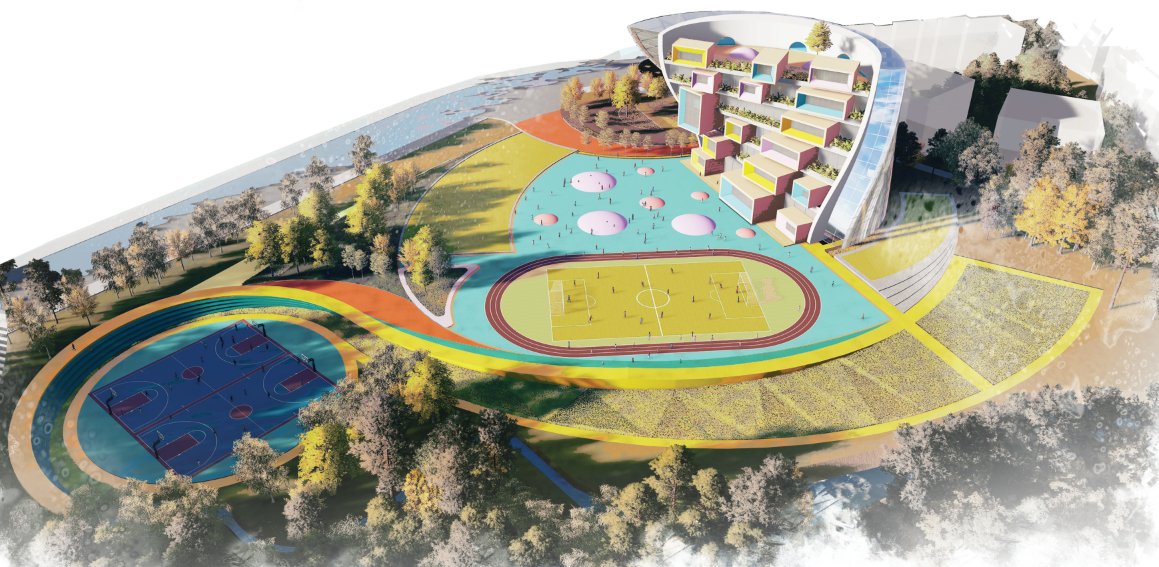 Vibrant and immersive—a visionary educational campus integrating sport, play, and modular learning in nature.