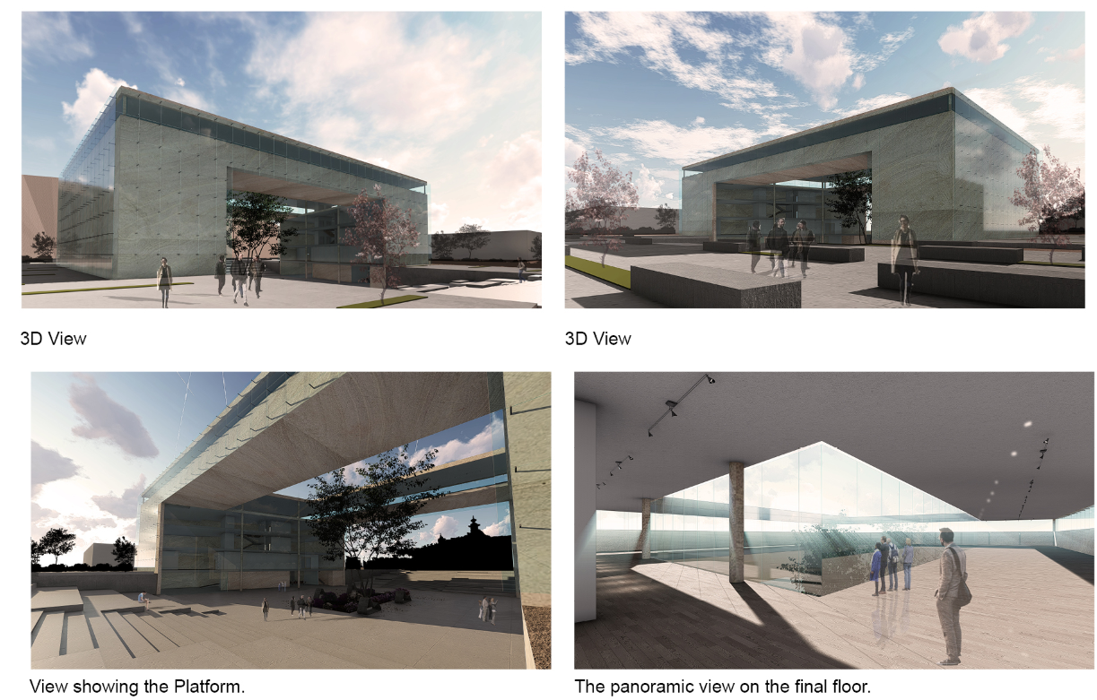 Four rendered perspective views showing the glass and concrete volumes with people under cloudy skies