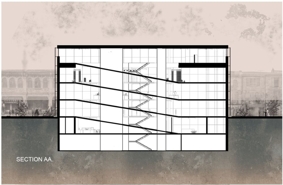 Section drawing showing the diagonal staircase cutting through four levels of the building