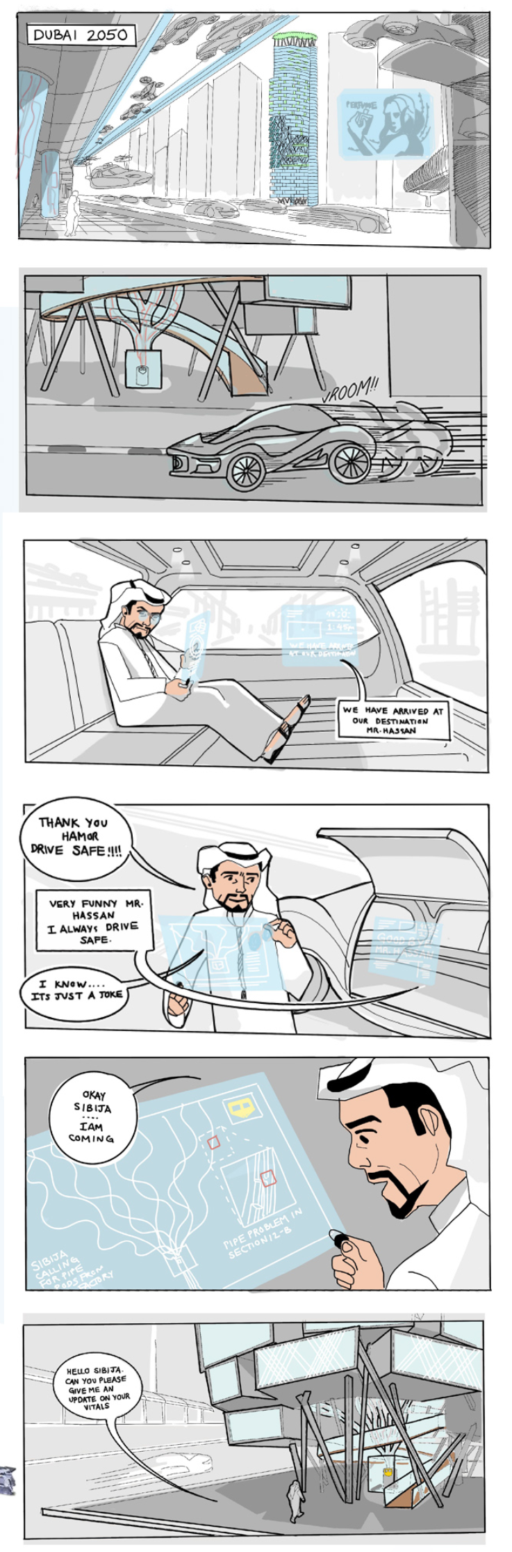 A glimpse into a futuristic Dubai, where autonomous vehicles, smart infrastructure, and the GROW tower shape daily life.