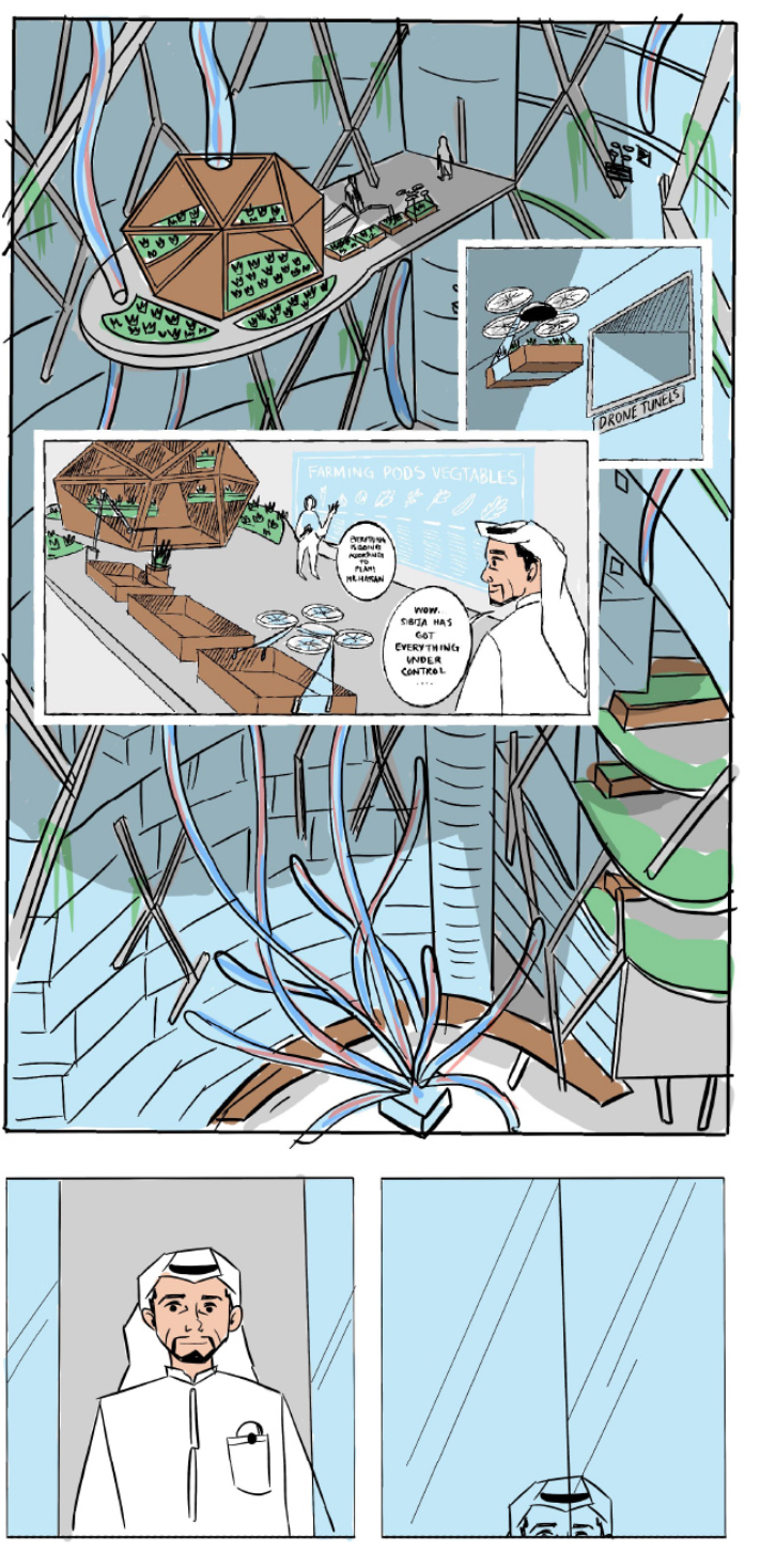 The building’s interior reflects an organic-tech hybrid, where users interact with Sibija through holographic interfaces and immersive environments.