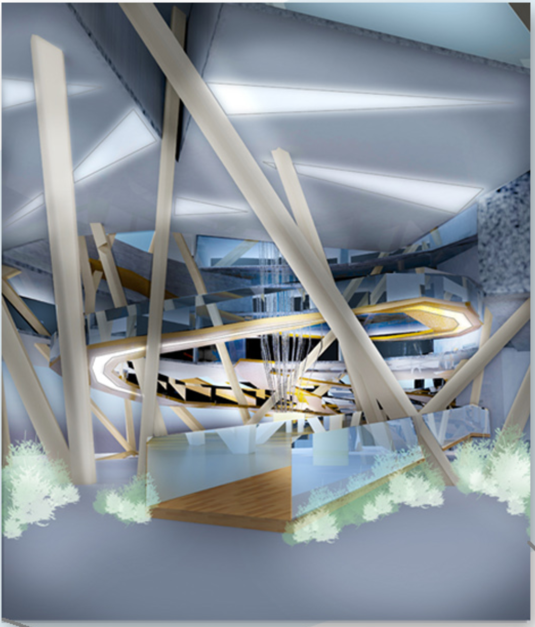 Rendered views of GROW’s biomimetic skeleton and podium that reflect Sibija’s presence, integrating solar panels and organic form.