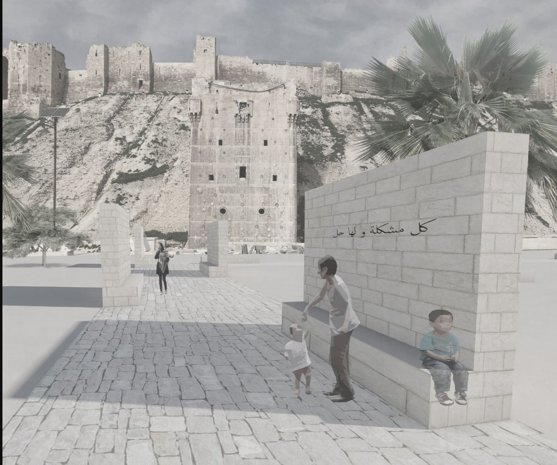View of the Citadel framed by stone pathways and memory walls, activating Aleppo’s layered heritage.