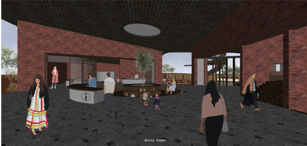  A welcoming threshold that blends community interaction with informative spatial design.