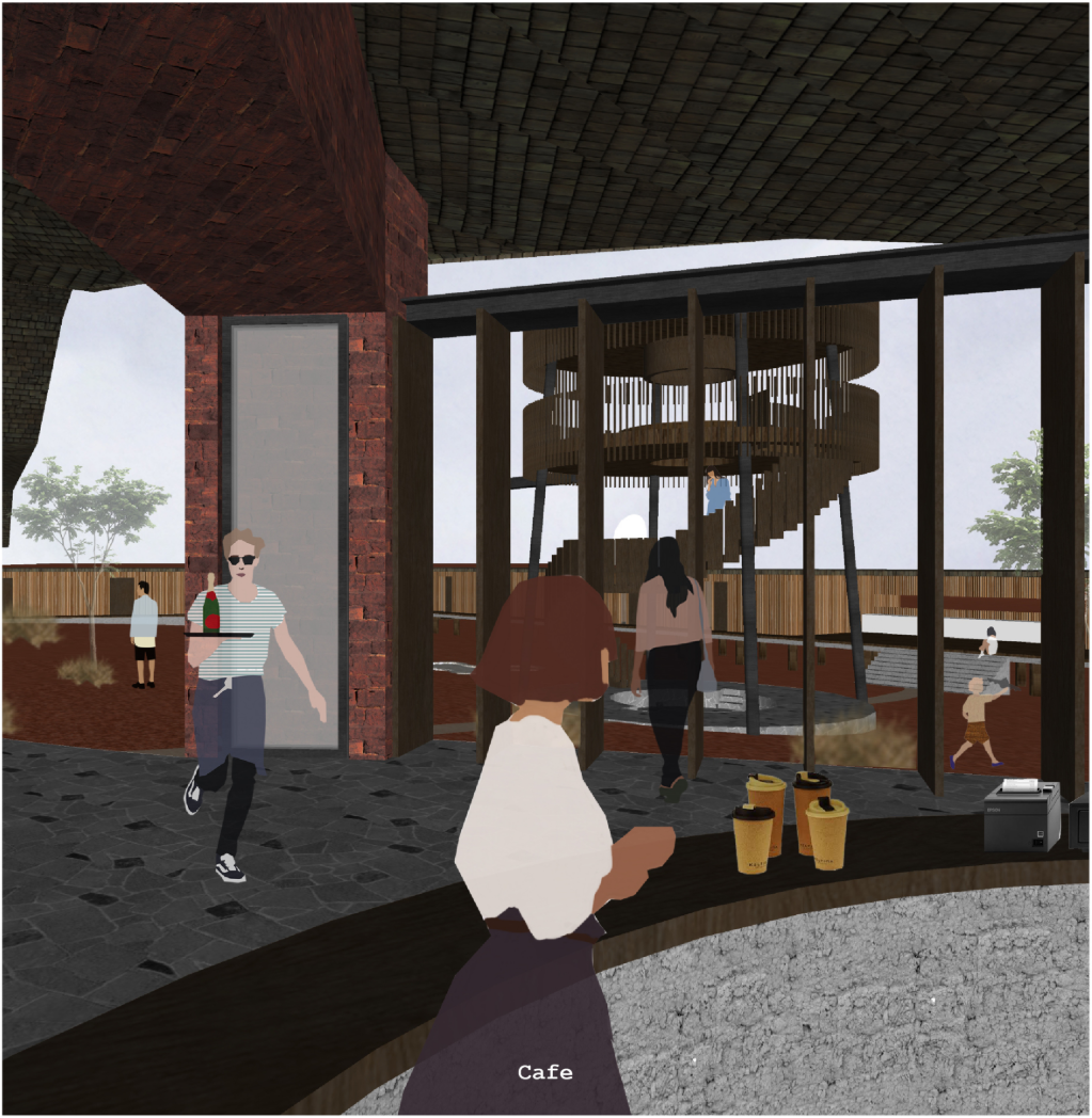 A cozy cafe setting nestled beside the dynamic spiral structure and hearth.