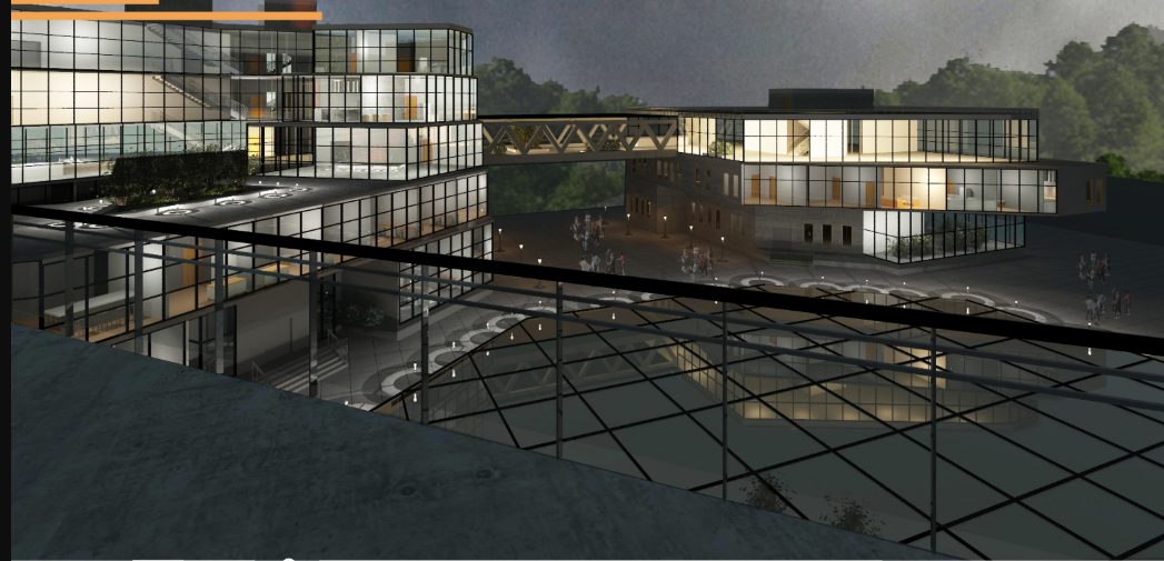 Elevated walkways and transparent facades ensure visibility and circulation even at night, emphasizing safety and seamless community movement.